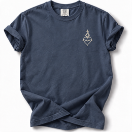 Sacred Heart Embroidered Comfort Colors 1717 T-Shirt in Midnight, front with cream chest embroidery
