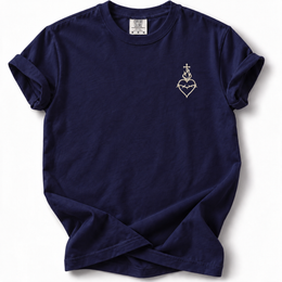Sacred Heart Embroidered Comfort Colors 1717 T-Shirt in True Navy, front with cream chest embroidery