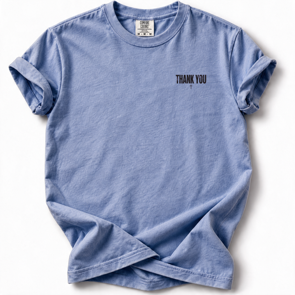 Thank You Cross Premium T-Shirt in Washed Denim, front flat mockup