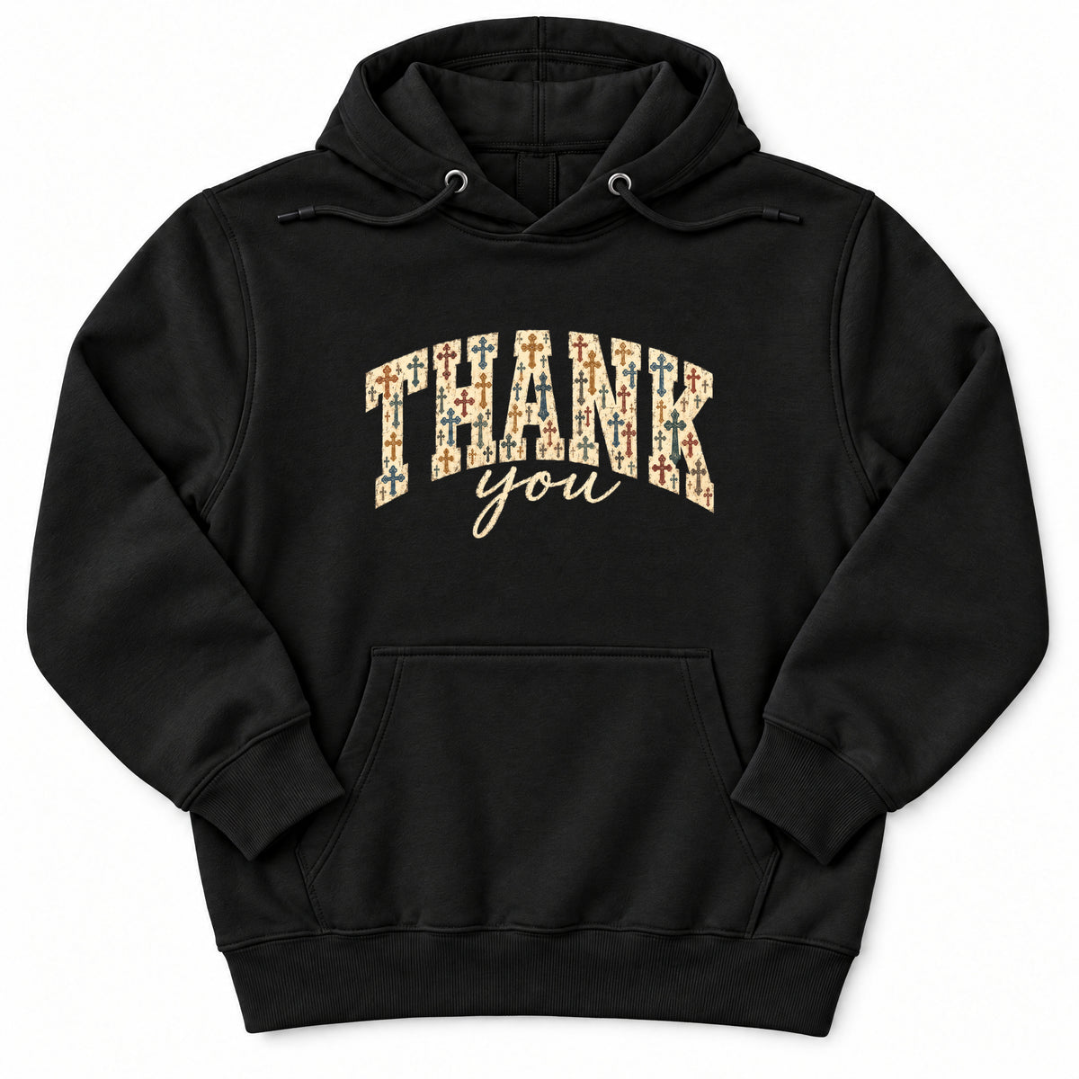 Thank You Cross Pattern Premium Hoodie in Black, flat front mockup