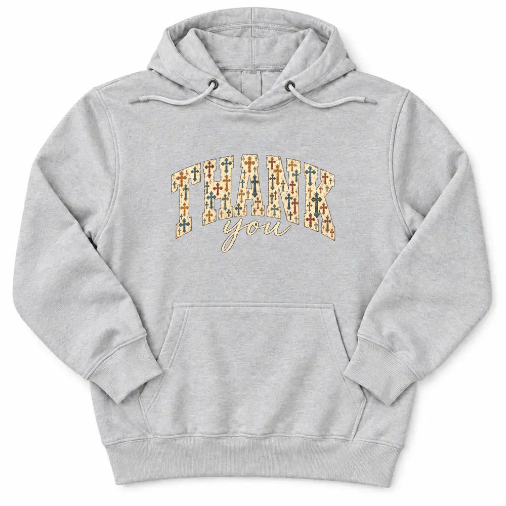 Thank You Cross Pattern Premium Hoodie in Heather Grey, flat front mockup