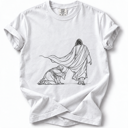 Touch the Hem Premium T-Shirt in White, approved Jesus and woman line artwork, front flat mockup