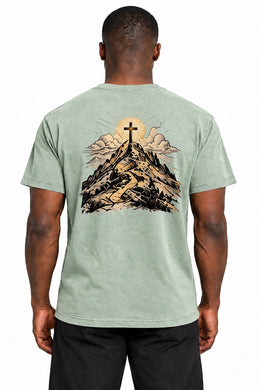 Your Light Has Come Edition T-Shirt in Bay – back mountain and cross artwork on Dante