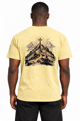 Your Light Has Come Edition T-Shirt in Butter – back mountain and cross artwork on Dante
