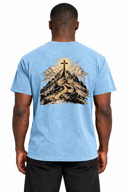 Your Light Has Come Edition T-Shirt in Chambray – back mountain and cross artwork on Dante