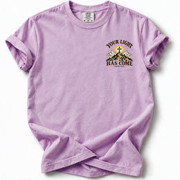 Your Light Has Come Edition T-Shirt in Orchid – left chest Isaiah 60:1 design