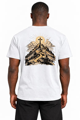 Your Light Has Come Edition T-Shirt in White – back mountain and cross artwork on Dante