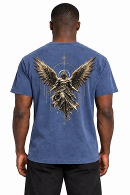 Be Not Afraid Angel Edition T-Shirt — China Blue back on model, exact original angel design