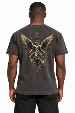 Be Not Afraid Angel Edition T-Shirt — Graphite back on model, exact original angel design