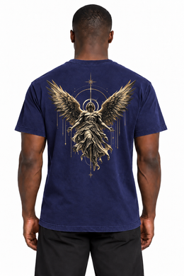 Be Not Afraid Angel Edition T-Shirt — True Navy back on model, exact original angel design