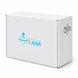 Before I AM shoe box with cyan branding