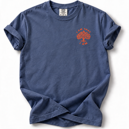 I AM Burning Bush Edition T-Shirt in China Blue — front chest design