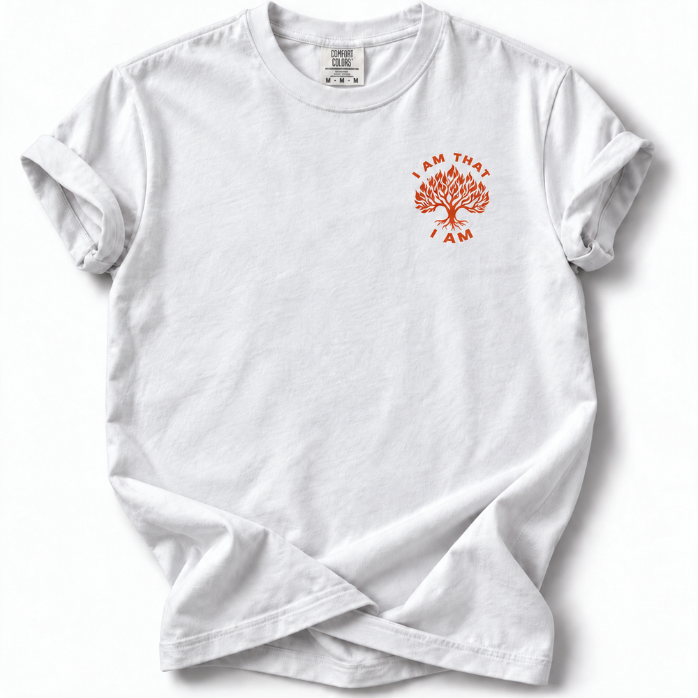 I AM Burning Bush Edition T-Shirt in White — front chest design