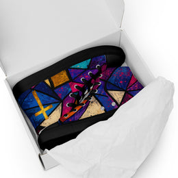 Stained Glass Cross Christian High-Top Sneakers in a shoe box