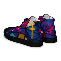 Stained Glass Cross Christian High-Top Sneakers, rear and side view