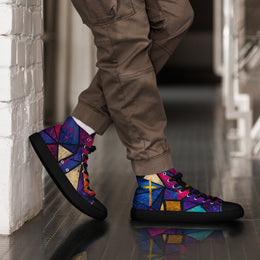 Stained Glass Cross Christian High-Top Sneakers worn with trousers